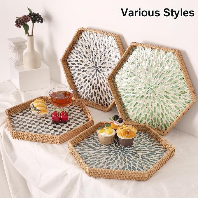Hexagon Rattan Tray with Mother of Pearl Inlay, Rattan Serving Tray - Image 3