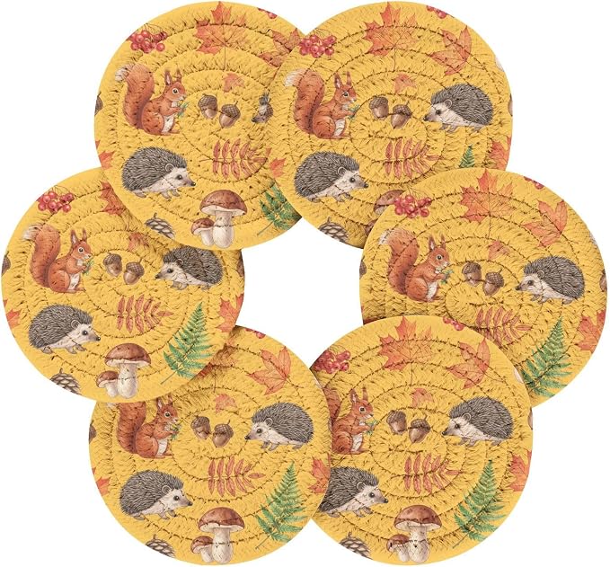 Fall Squirrel Acorn Yellow Pattern Coasters - Image 2