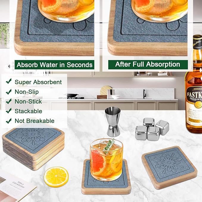 Square Coasters for Drinks, Absorbent Coaster Sets of 5, Wood Drinks Coasters - Image 2