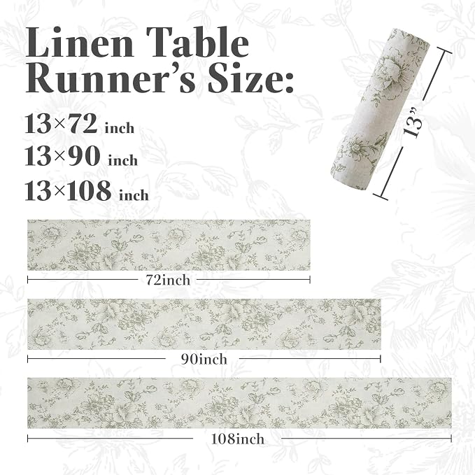 jinchan Green Floral Linen Table Runner 13 x 72 Inch Rustic | Nature-inspired - Image 5