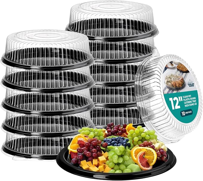 12" Catering Trays with Lids, Plastic Disposable Round Party Trays and Platters by Houzzkingzusa