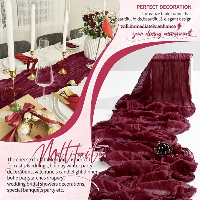 30 Pack Cheesecloth Table Runner 10FT Burgundy Red Table Runner Boho Gauze - Image 6