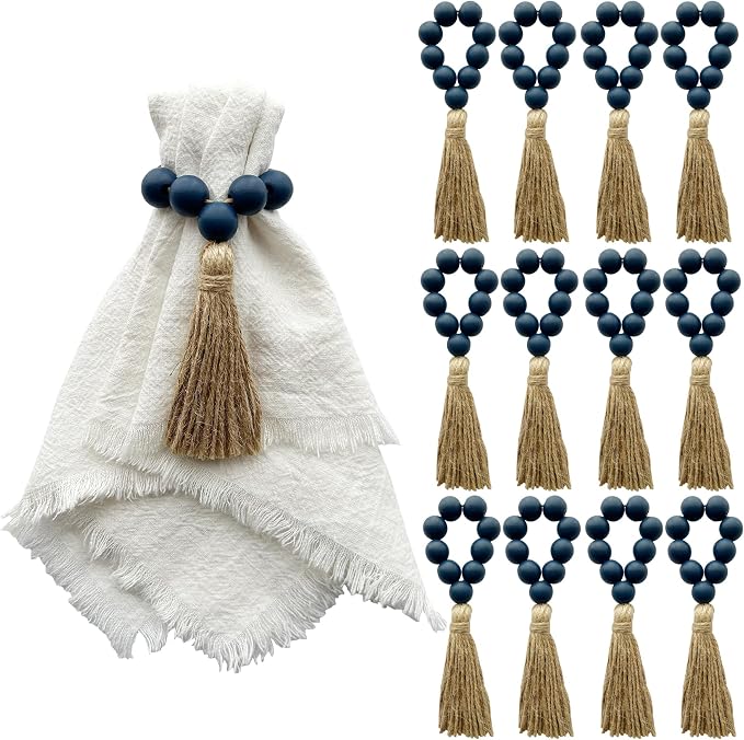 Napkin Rings Set of 12, Wooden Bead Elastic Tassel Napkin Ring | Tassel Napkin by JiTiMi