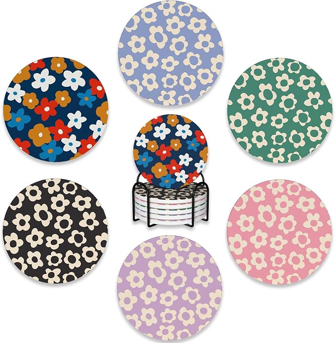 Drink Coasters Set of 6 with Holder, Vintage Flowers, Floral Pink Blue Green by BUYIDUI
