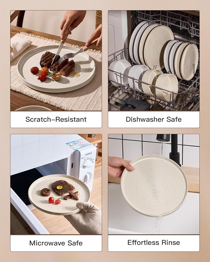 Stoneware Dinnerware Sets for 4, Reactive Glaze Plates & Bowls, Shell Beige | - Image 5