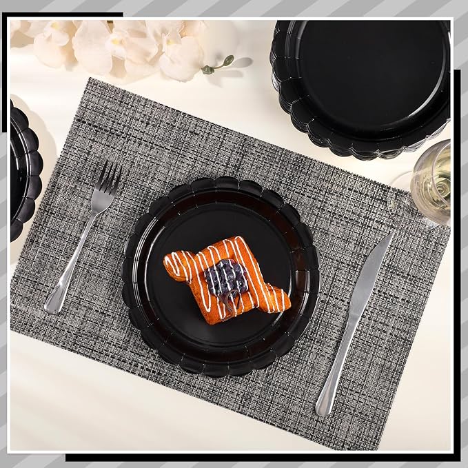 NatNarr 30 Pk Black Paper Plates 9" Disposable Scalloped Black Party Plates | - Image 5