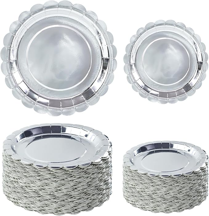 50 Pcs Silver Scalloped Paper Plates 25 × 7'' and 25 × 9'' Disposable Silver by FALIZIFU
