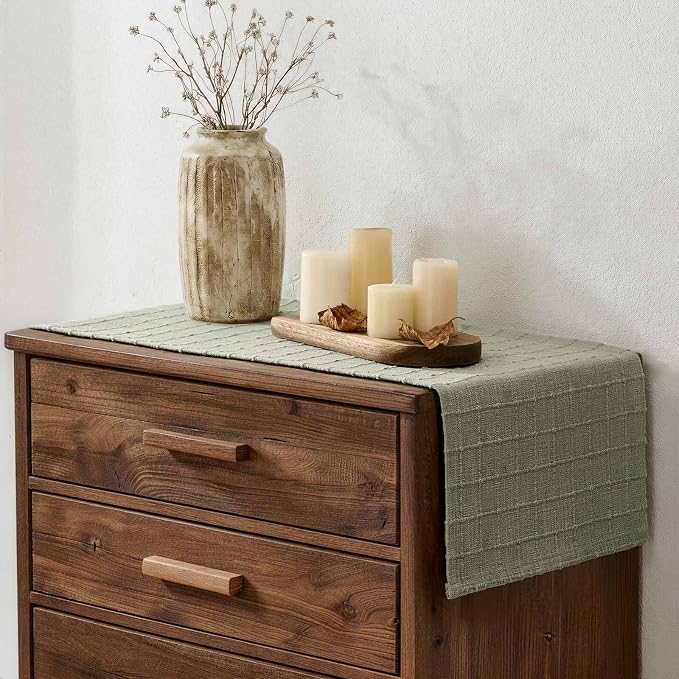 Artisanal Grid Linen Table Runner, 13x108 Inches Seeding Green | Heavy Textured - Image 3