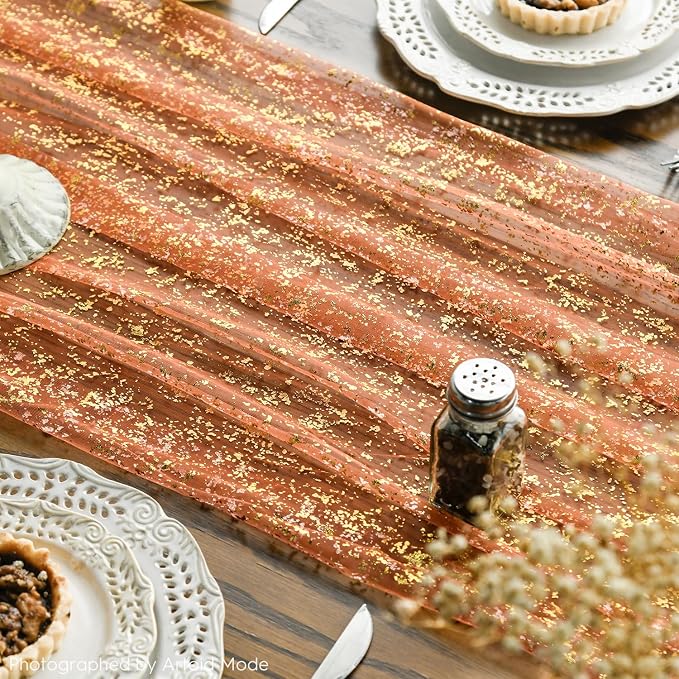 Artoid Mode 6PCS Orange Gold Gauze Table Runner 120 Inch 10FT, Glitter Metallic - Image 3
