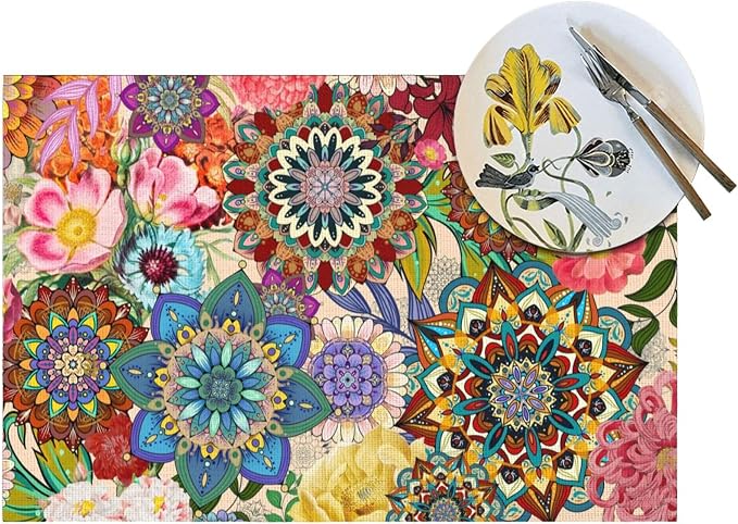 Boho Floral Placemats Set of 4, Colorful Dining Table Mats 12"x18" | Flowers - Image 5