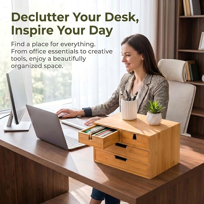 Bamboo Desk Organizer, 100% Natural Bamboo Desktop Drawer Organizer, Tabletop - Image 7