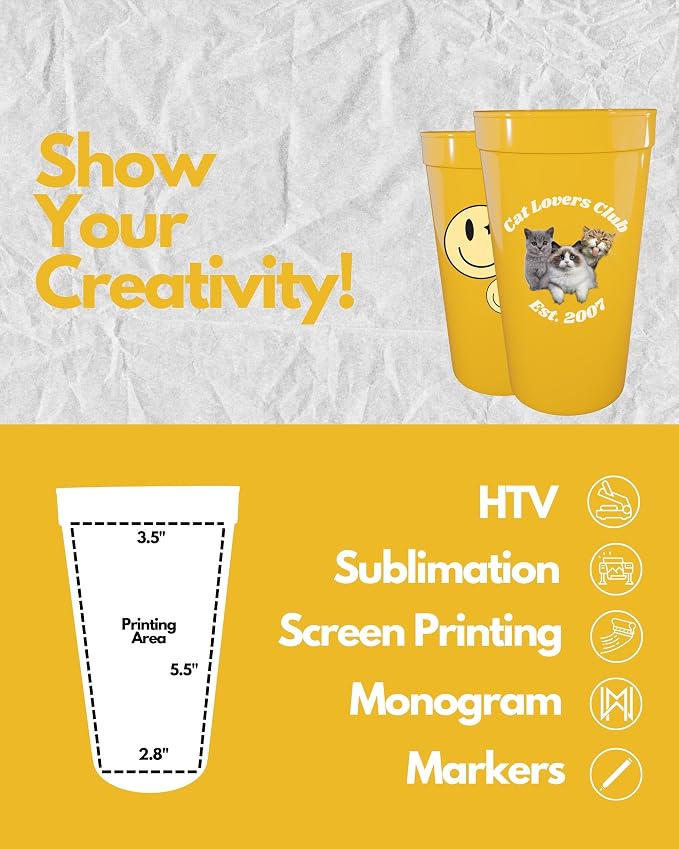 PartyPrints 100 Pack 32 oz Yellow Blank Plastic Cups, Colored Plastic Drinking - Image 3