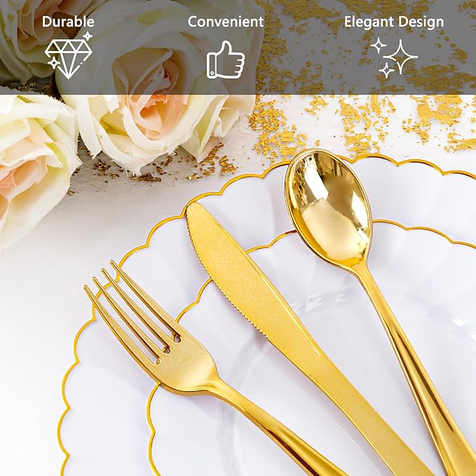 YOUBET 350PCS White and Gold Scalloped Plastic Plates - Image 3