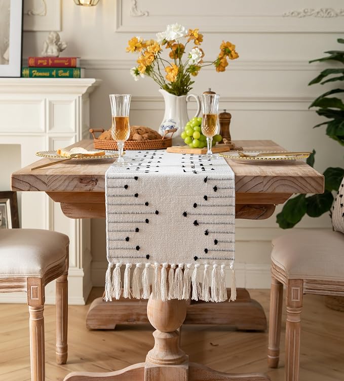Boho Table Runner 13 x 108 Inch Long Natural Cotton Woven Runner - Image 6