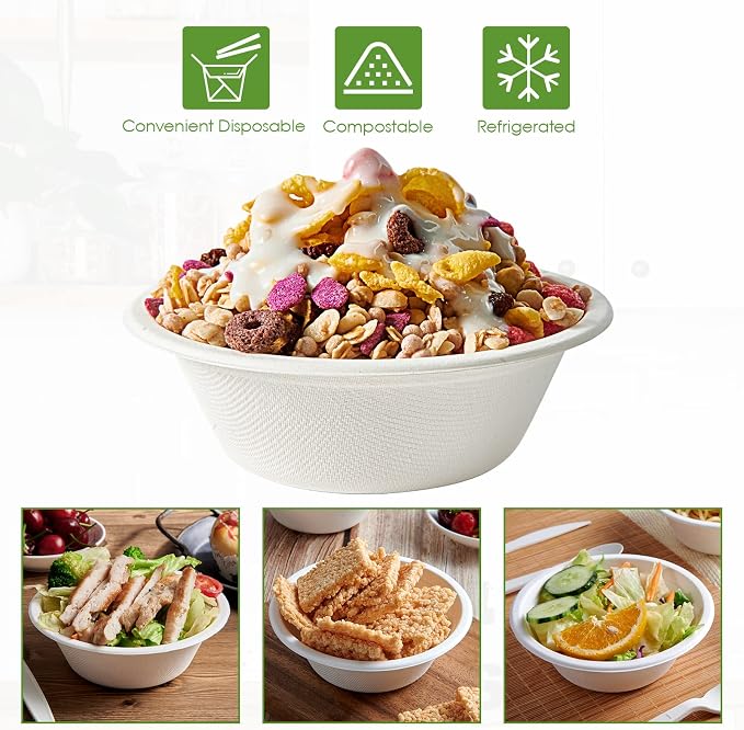 Vplus 500 Pack 12 OZ Compostable Paper Bowls, Bagasse Bowls Bulk，White | - Image 6