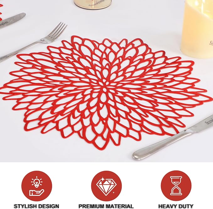 Snowkingdom 12 Pack Red Placemats Metallic Shiny Pressed Vinyl Dining Mats - Image 3