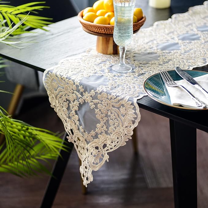SUTAVIA Lace Table Runner 12"×60" Gold Embroidered Dresser Scarf | Classic - Image 2