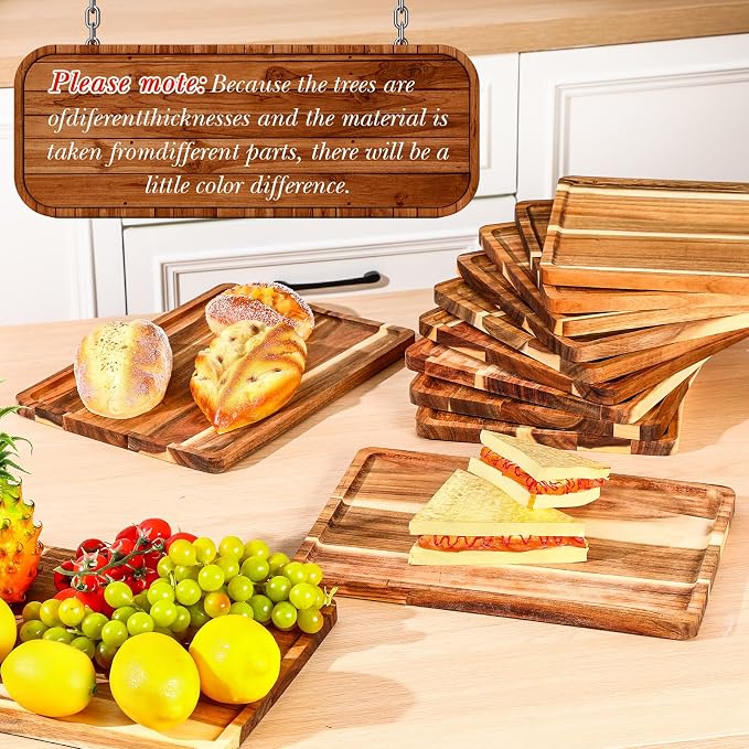 Roshtia 12 Pcs Acacia Wood Serving Tray Rectangular Wooden Serving Platter - Image 4