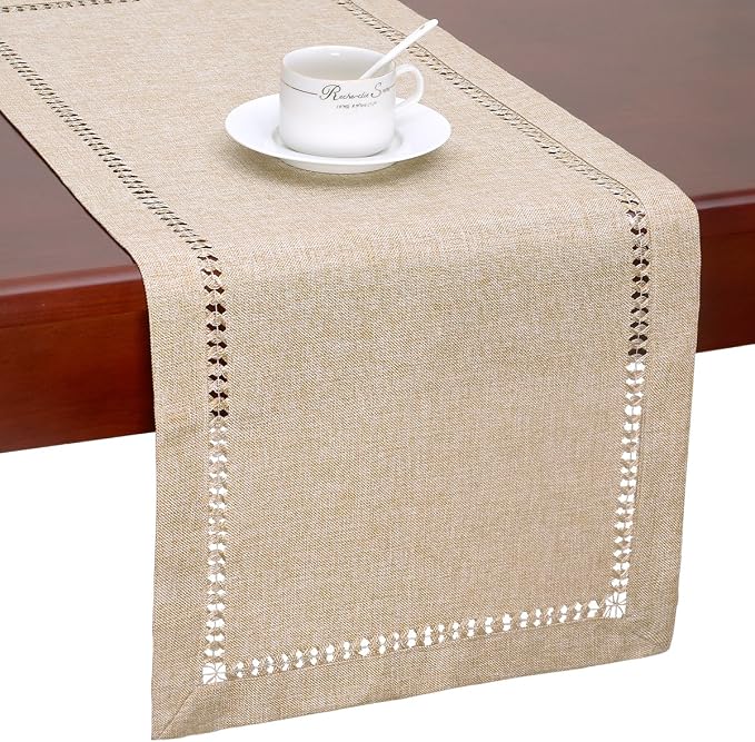 Grelucgo Large Handmade Hemstitch Beige Table Runner, Rectangular 14 by 108 Inch - Image 7