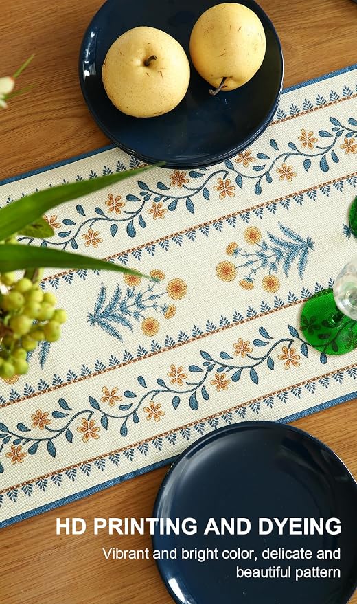 Designer French Linen Table Runner, Pale Yellow Floral Pattern, Dining Table - Image 4