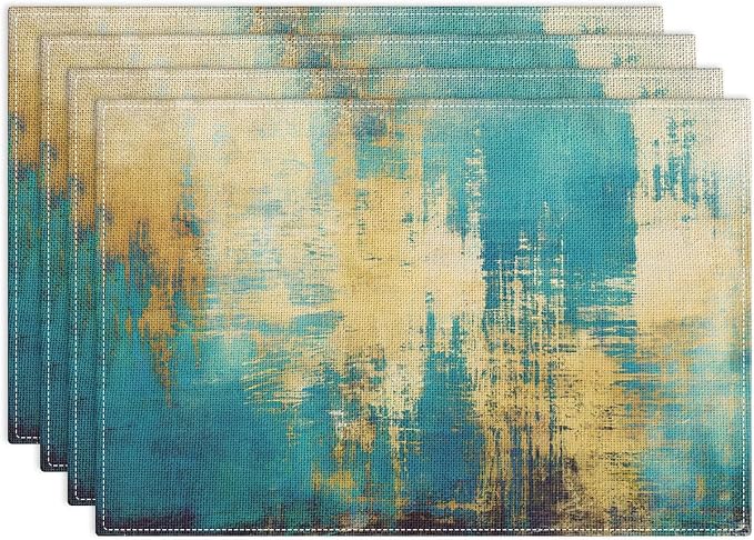 Emvency Farmhouse Placemats Set of 4, 12x18 Inch, Turquoise and Yellow | by Emvency