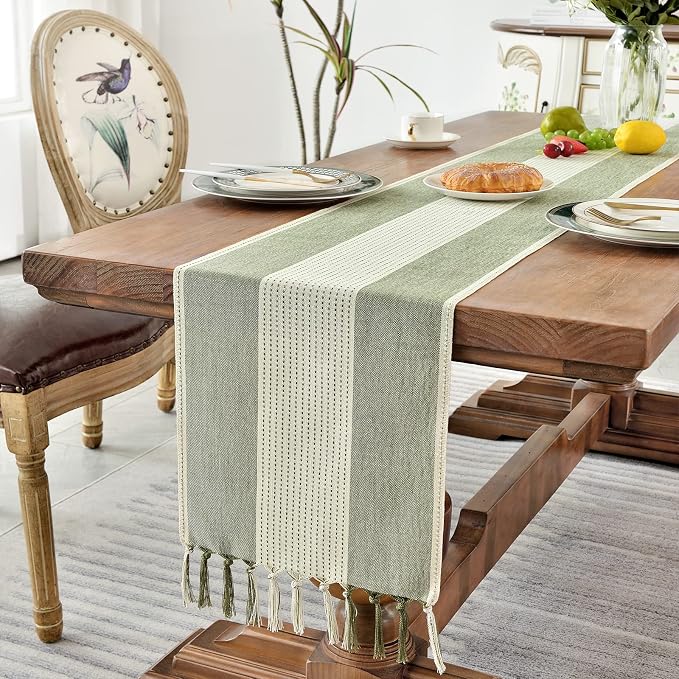 Wracra Linen Table Runner, Stripe Table Runners 60 Inches Sage Green | Delicate - Image 5
