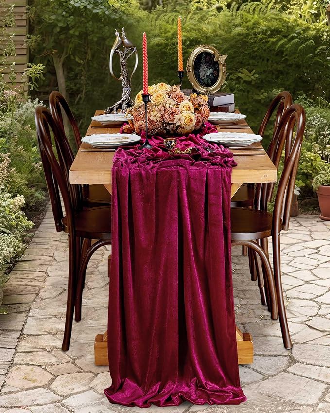 Burgundy Velvet Table Runner 29x120 Inch Luxury Retro Christmas Runners | 10ft by SoarDream