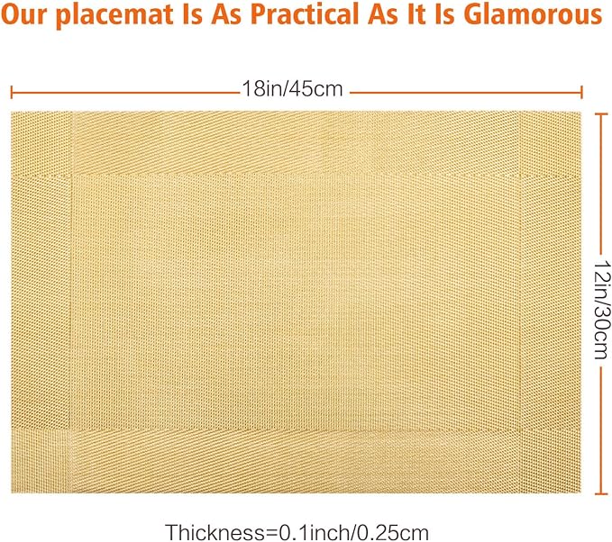 Placemats Set of 12, Vinyl Woven Gold Non Slip Table Mats | Heat Resistant - Image 3