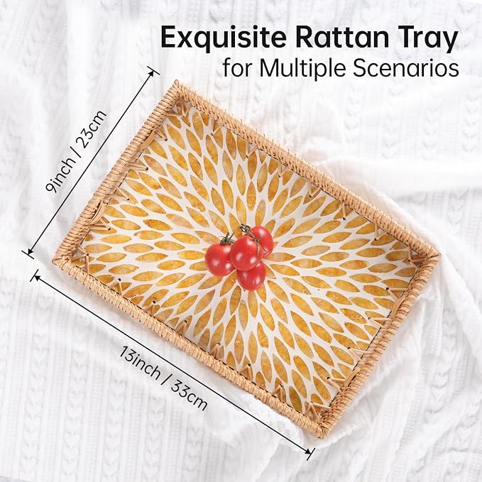 Rectangle Rattan Tray with Mother of Pearl Inlay, Rattan Serving Tray with - Image 9