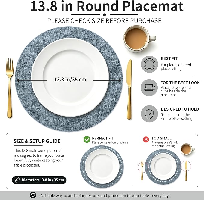 Maxpearl Faux Leather Round Placemats Set of 6, 13.8 inch, Heat Resistant - Image 3