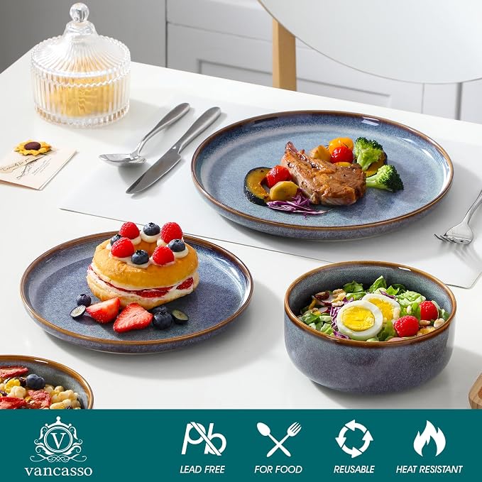 vancasso PLAYA Plates and Bowls Sets, 24 Pieces Grey-Blue Dinnerware Sets - Image 3