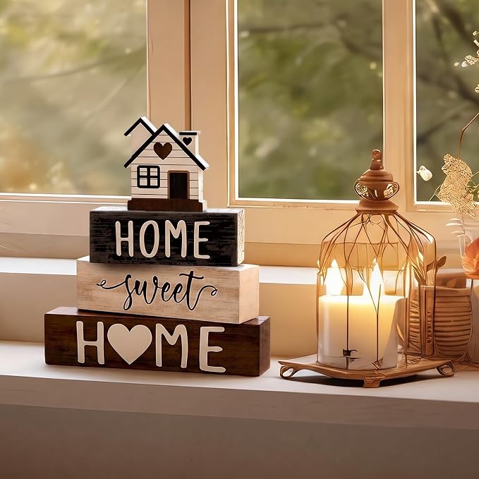 Cinnvoice 4 Pcs Woodhouse Wooden Block Decor Farmhouse Tiered Tray Signs Home - Image 4