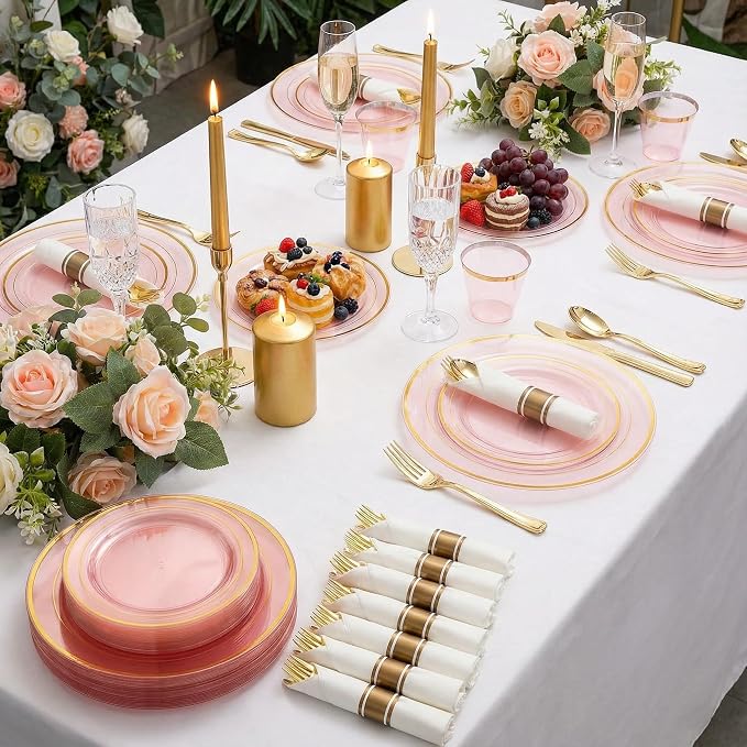 WELLIFE 350Pcs Clear-Pink Plastic Dinnerware- Pink and Gold Plastic Dinnerware - Image 4