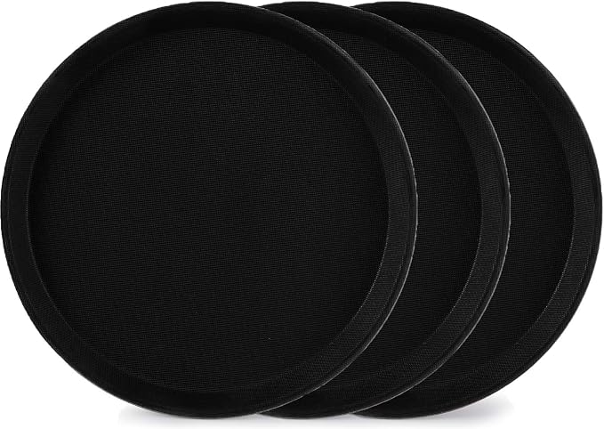 TOPZEA 3 Pack Restaurant Serving Trays, 11 Inch Fiberglass Black Round Tray Non by TOPZEA