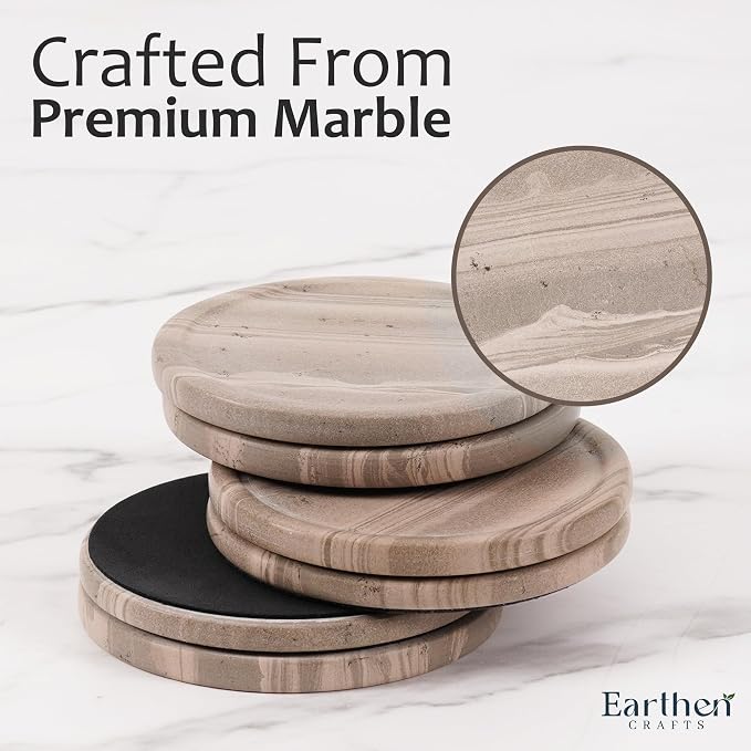 Marble Coasters Set of 6 with Holder 3.5" Inches Natural Brown Stone Round - Image 4