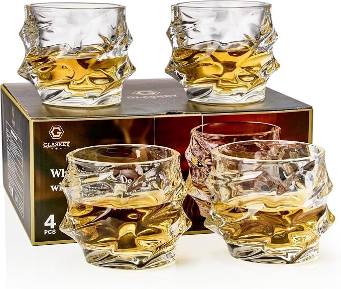 GLASKEY 12 oz Storm Japanese Whiskey Glasses Set of 4, Unique Cognac Glasses by GLASKEY