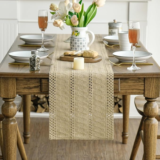 Artoid Mode Burlap Brown Woven Farmhouse Hollow Table Runner 12x48 Inch | - Image 2