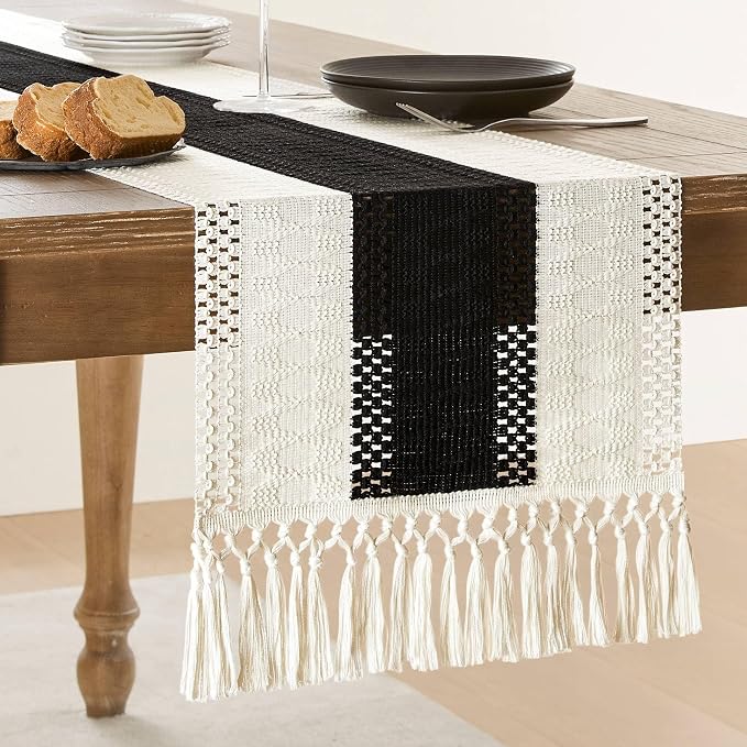 Macrame Style Bicolor Stitching Table Runner 14x90in Black | Woven Boho Table by ZEEMARTONLINE