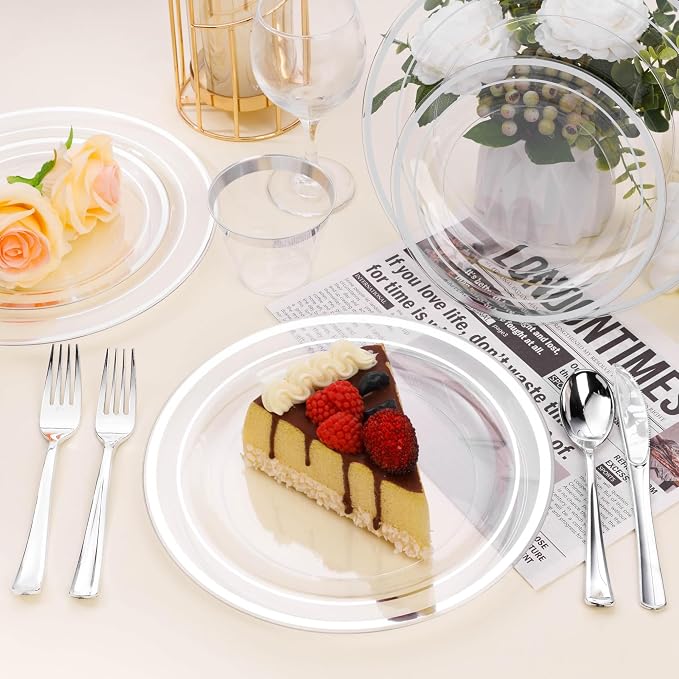 BESTSTAR 7 Inch Clear with Silver Rim Plastic Plates | 100PCS Disposable - Image 5