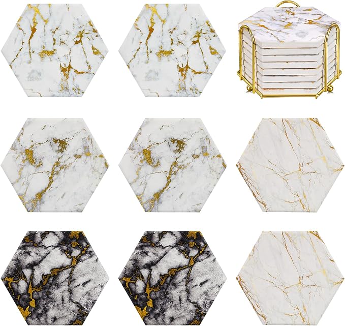 Real Natural Marble Coasters Set of 8, Luxury 4 Colors Gold Aesthetic Modern by Geichan