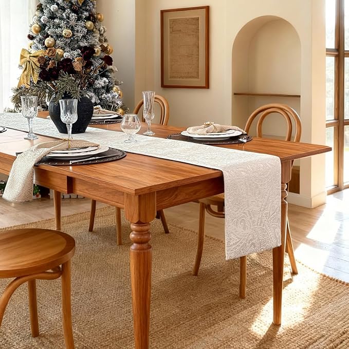 Waterproof Jacquard Cream Table Runner, 12x72Inches, Milky White | Thick Table - Image 4