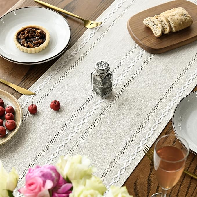 Artoid Mode Beige Rustic Cotton Linen Table Runner, Seasonal Embroidered Hollow - Image 4