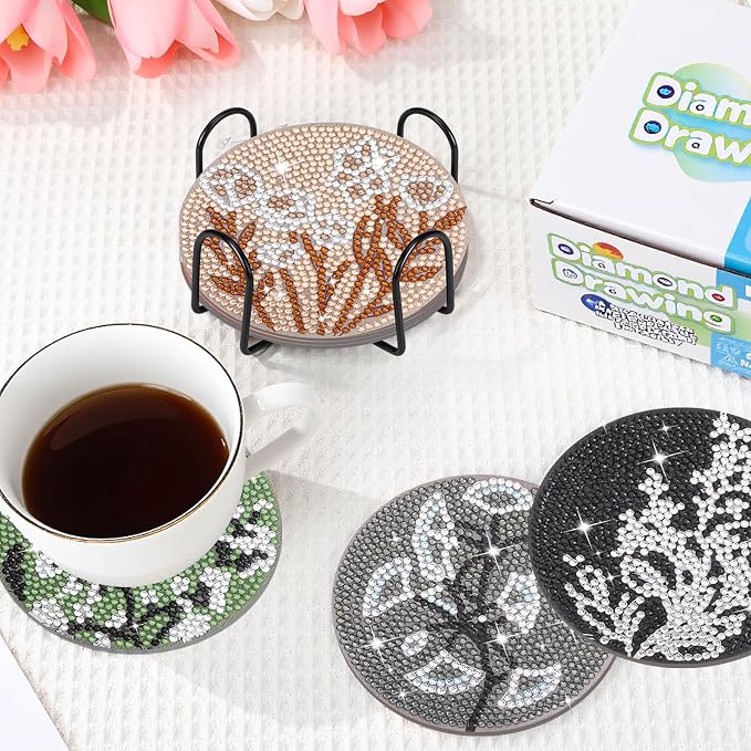 8 Pcs Boho Diamond Art Painting Coasters Holder Floral | Abstract Diamond Art - Image 6