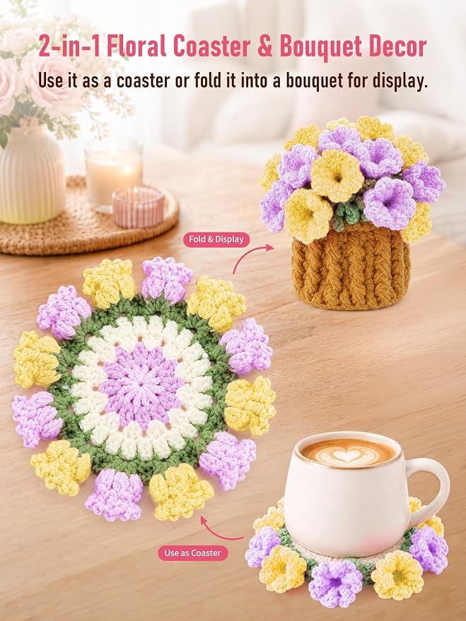 Crochet Flower Bouquet Coasters, Cotton Tulip Gift - Image 6