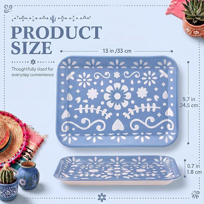 4 Pieces Mexican Serving Trays Blue Fiesta Melamine Platters Reusable Rectangle - Image 2