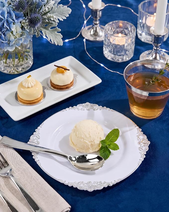 Nervure 600Pcs Silver Plastic Plates, Plastic Dinnerware Set - Image 2