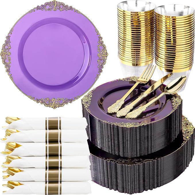Nervure 350Pcs Purple Plastic Plates, Plastic Dinnerware Set by Nervure