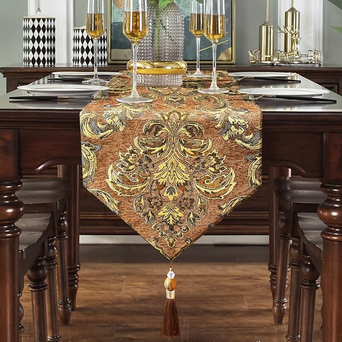 Deluxe Embroidered Table Runner 84" Caramel Retro Chenille Jacquard Cloths | - Image 7