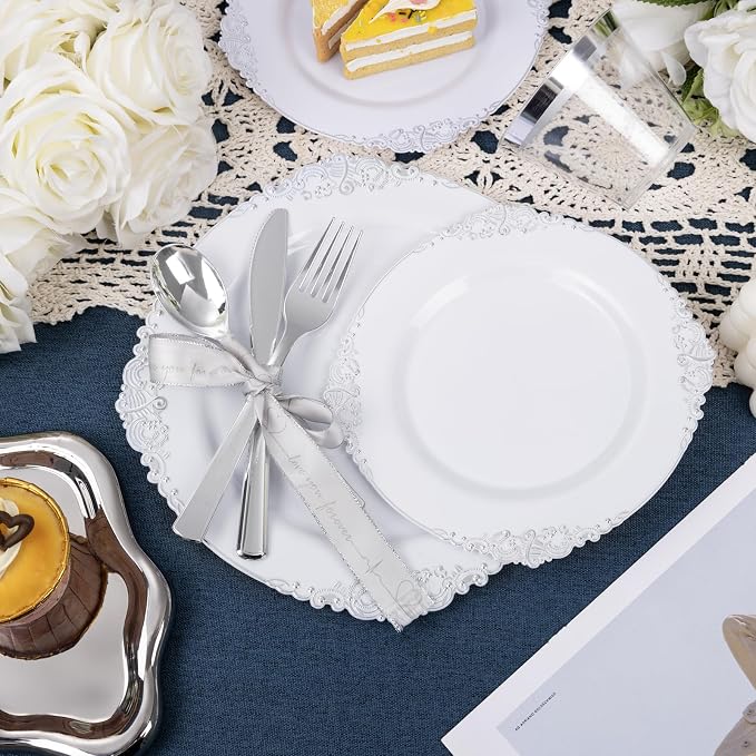 Nervure 600Pcs Silver Plastic Plates, Plastic Dinnerware Set - Image 5
