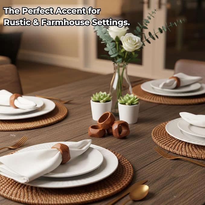 Square Acacia Wood Napkin Rings, diamond-cut edge, natural grain finish - Image 8